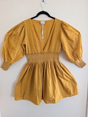 ESCVDO Saffron Puff-Sleeve V-Neck MISA Mini Dress Small